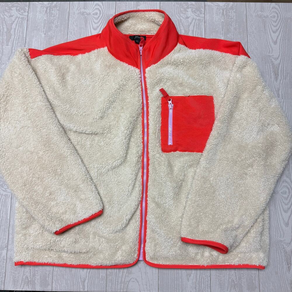 J.Crew Women’s XL Sherpa Fleece Jacket Full Zip Cream Red Colorblock